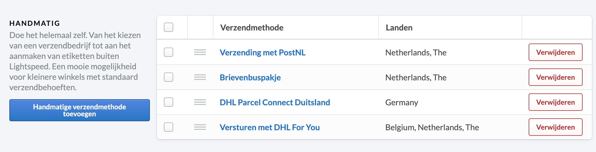 verzendmethodes in Lightspeed